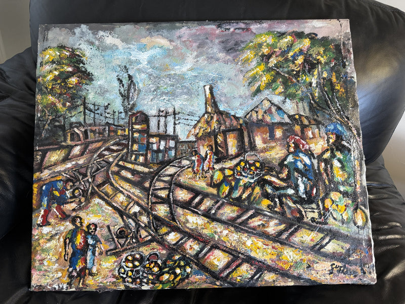 Railway Market Scene, Impasto Oil on Canvas, Signed, c. 1960–1990