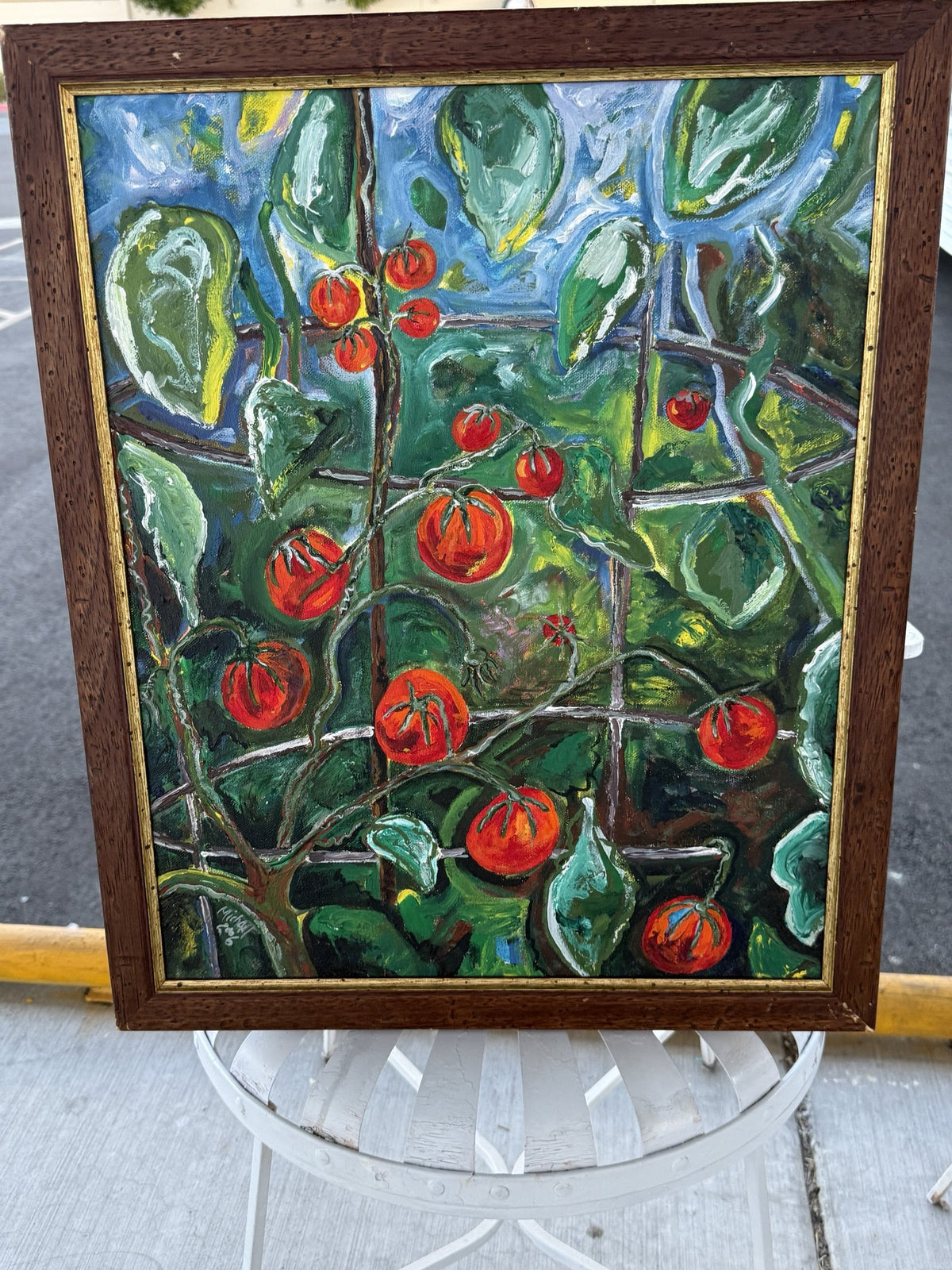 Tomatoes on the Vine, Impasto Painting on Canvas, Signed Michael, 2006