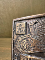 Budweiser Label Belt Buckle, Cast Brass-Finish with Anheuser-Busch Brewery List — Datable to 1972–1976 by the Cities on Its Face