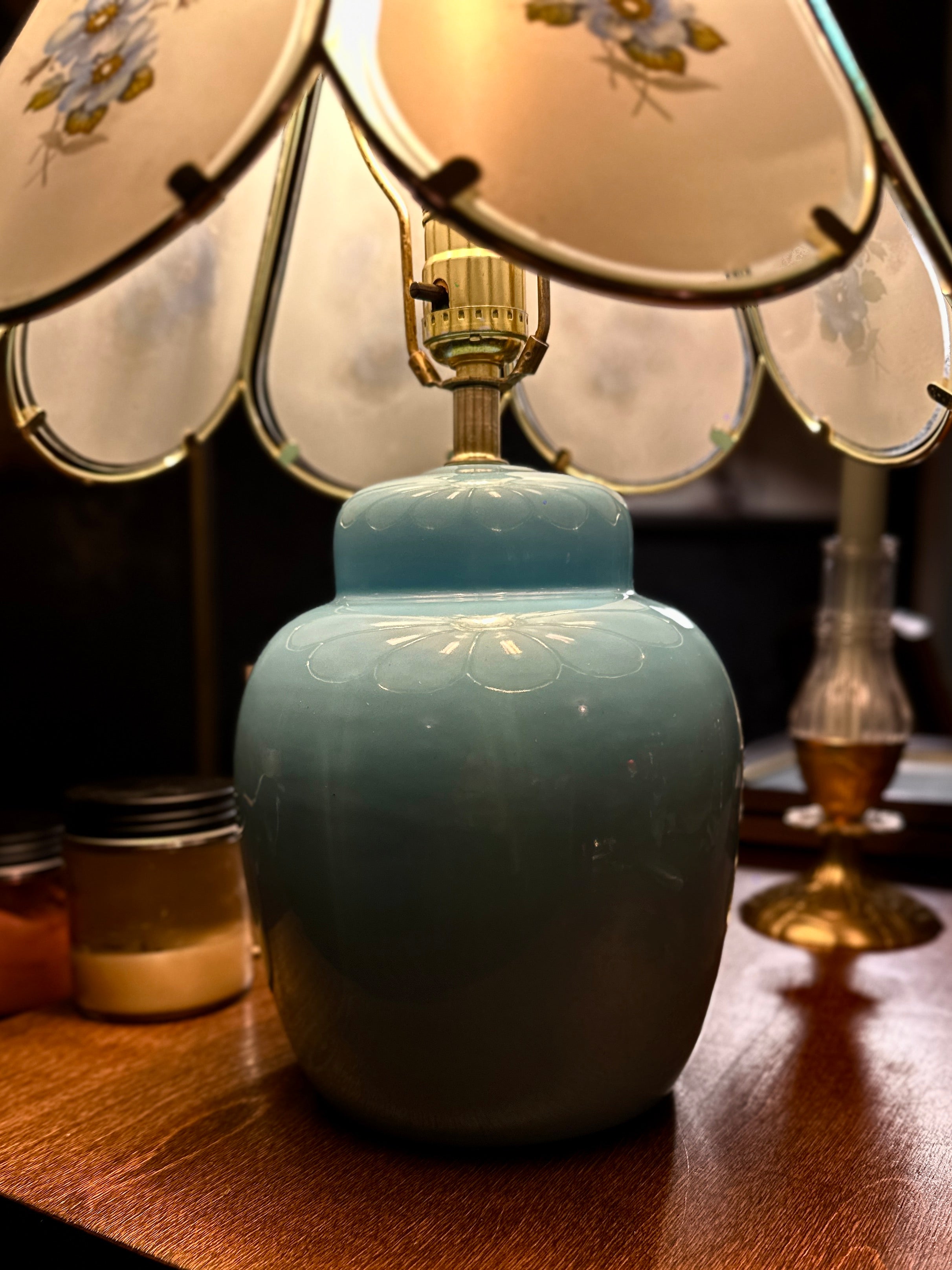 Mid-Century Ceramic Table Lamp with Paneled Floral Shade, c. 1950