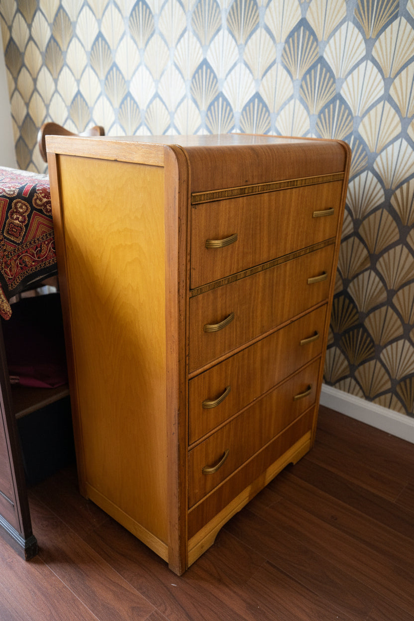 Art Deco Chest of Drawers c. 1938–1942 | Streamline Moderne Vintage Wood Dresser