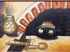 A still life painting featuring a patterned yellow vase with dried grass, a black decorative pot with gold accents, a red and white fan-like shape in the background, and a striped wooden object on a beige surface.