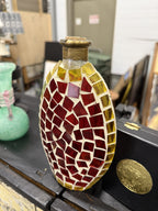 Hand Cut Cathedral Glass Mosaic Bottle, Brass Collar, c. 1955–1975