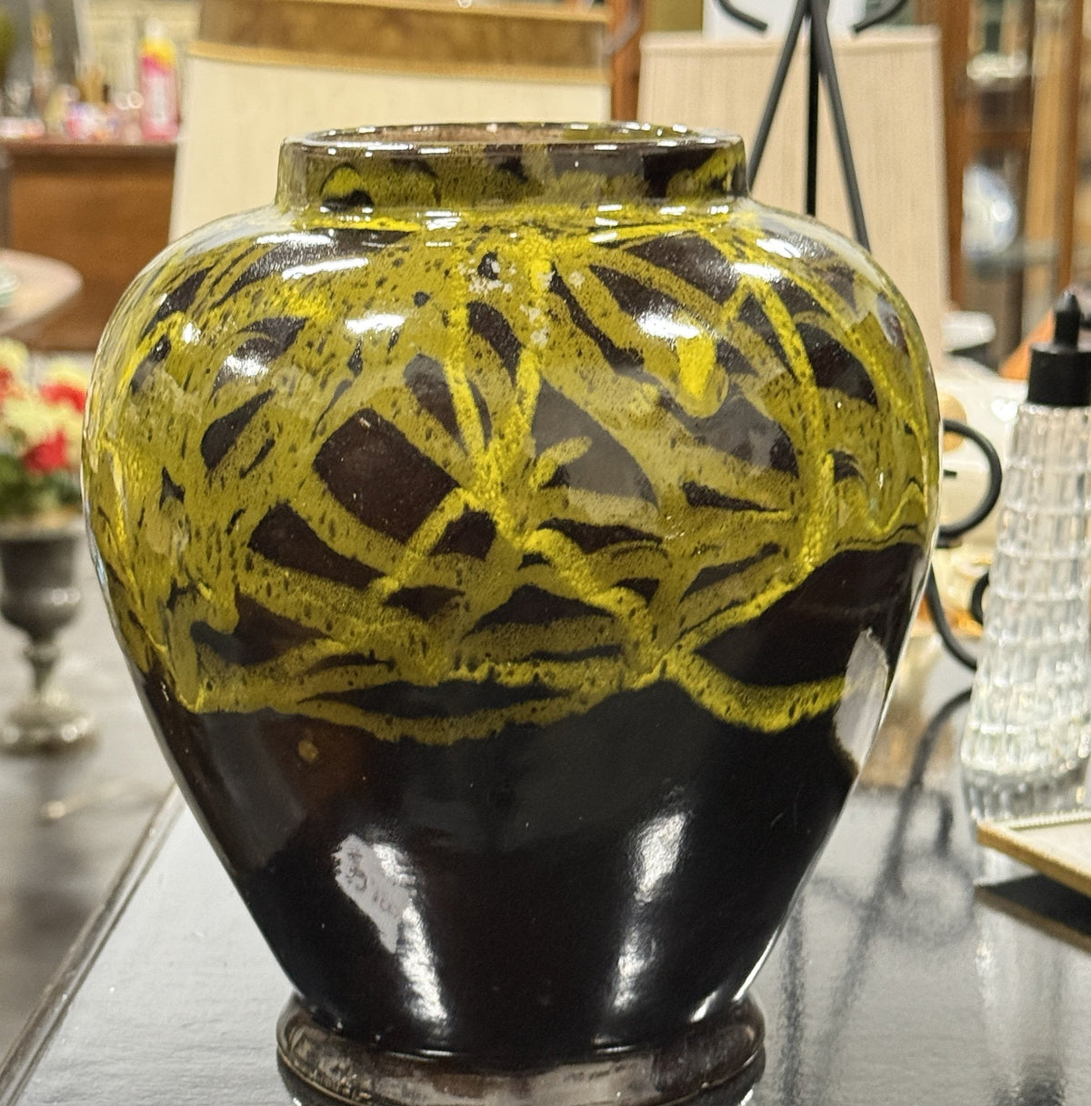 Hand Thrown Ovoid Jar, Yellow Poured Glaze on Black, c. 1920–1970