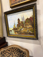 Vintage Signed European River Town Oil Painting, Framed, 1975