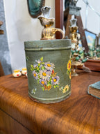 Vintage Sage Green Painted Tin Canister, Floral Decoupage, c. 1955–1980