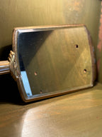 Art Deco Gilt-Metal Hand Mirror, Graduated Green and Cream Enamelled Back with Gold Pinstriping, Stepped Fan Palmette and Reeded Handle, Bevelled Plate, c. 1925–1940