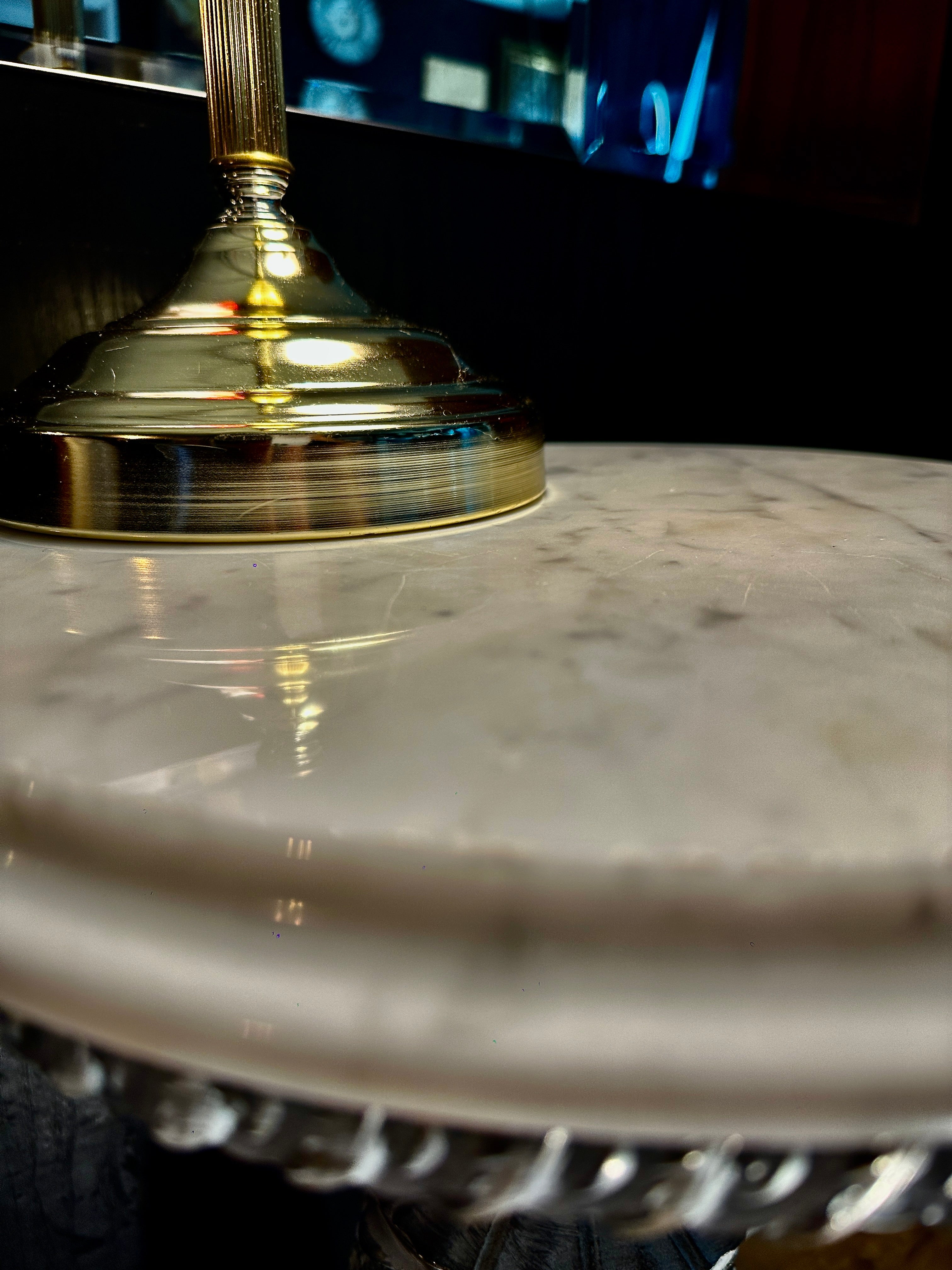 Vintage Marble Pedestal Side Table with Cast Ornate Base, c. 1940s–1950s