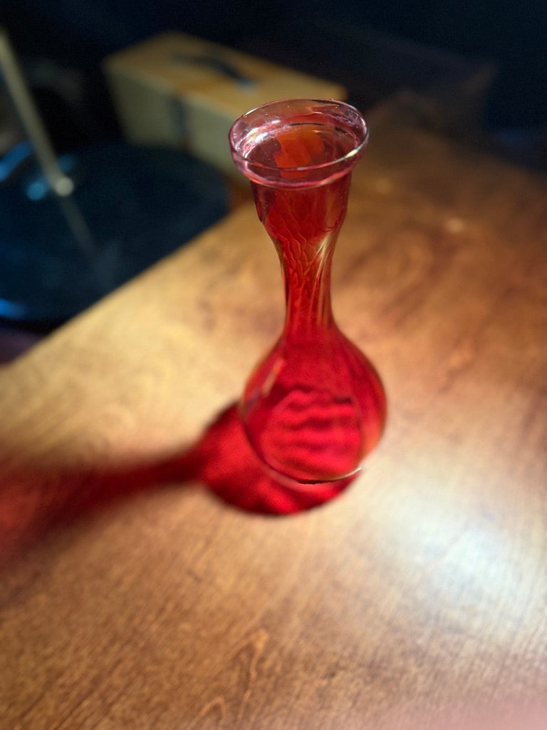 Ruby Optic Art Glass Vase — Hand-Blown Red Glass with Twisted & Scalloped Design (c. 1950s-60s)