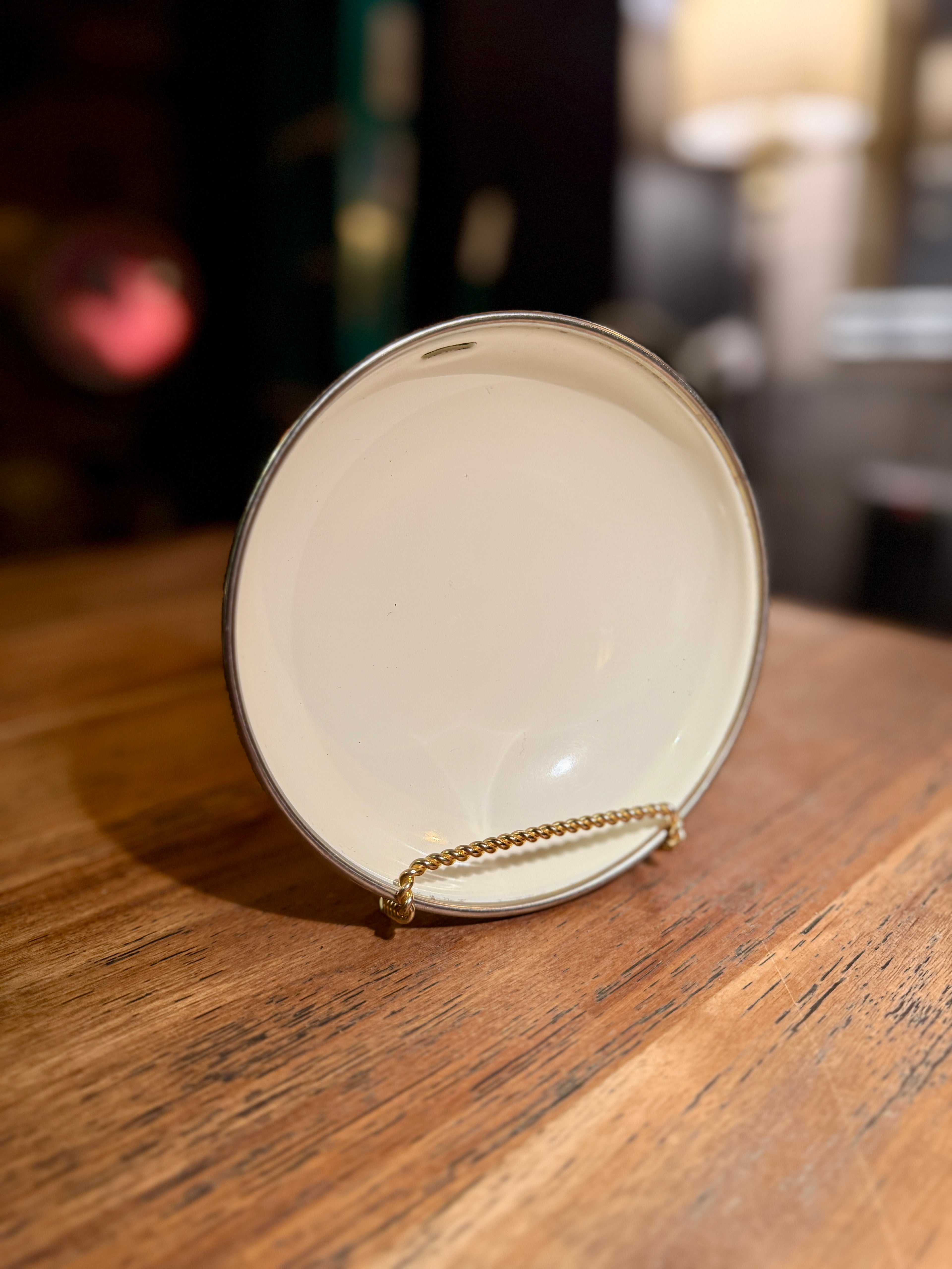 1920s Enamelware Powder Jar Top with Floral Motif and Chain