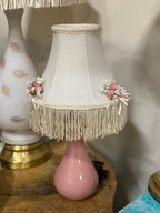 Vintage Pink Boudoir Lamp, Rose Trimmed Fringed Shade, c. 1950–1975