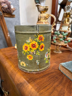 Vintage Sage Green Painted Tin Canister, Floral Decoupage, c. 1955–1980