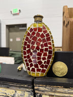 Hand Cut Cathedral Glass Mosaic Bottle, Brass Collar, c. 1955–1975