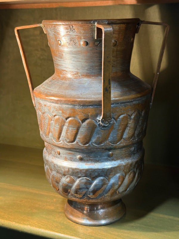 Tinned Copper Two-Handled Vessel, Repoussé Gadroon Bands and Chased Cartouches, Riveted Strap Handles, Labelled Made in United Arab Republic — a Country That Existed Only from 1958 to 1971