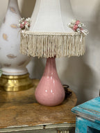 Vintage Pink Boudoir Lamp, Rose Trimmed Fringed Shade, c. 1950–1975