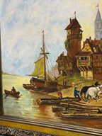 Vintage Signed European River Town Oil Painting, Framed, 1975