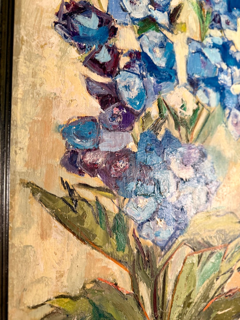 “Blue Delphiniums” by Elsie H. Deehan, Michigan Artist, Oil on Canvas (c. 1950s–1970s)