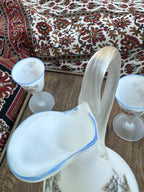 Frosted White Glass Ewer with two Matching Cordial Goblets