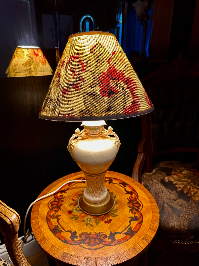 Vintage Victorian Revival Table Lamp with Floral Shade | Ornate Ceramic Boudoir Lamp