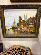 Vintage Signed European River Town Oil Painting, Framed, 1975