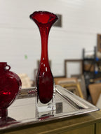 Vintage Ruby Red Art Glass Bud Vase with Clear Pedestal Base, c. 1960s–1980s