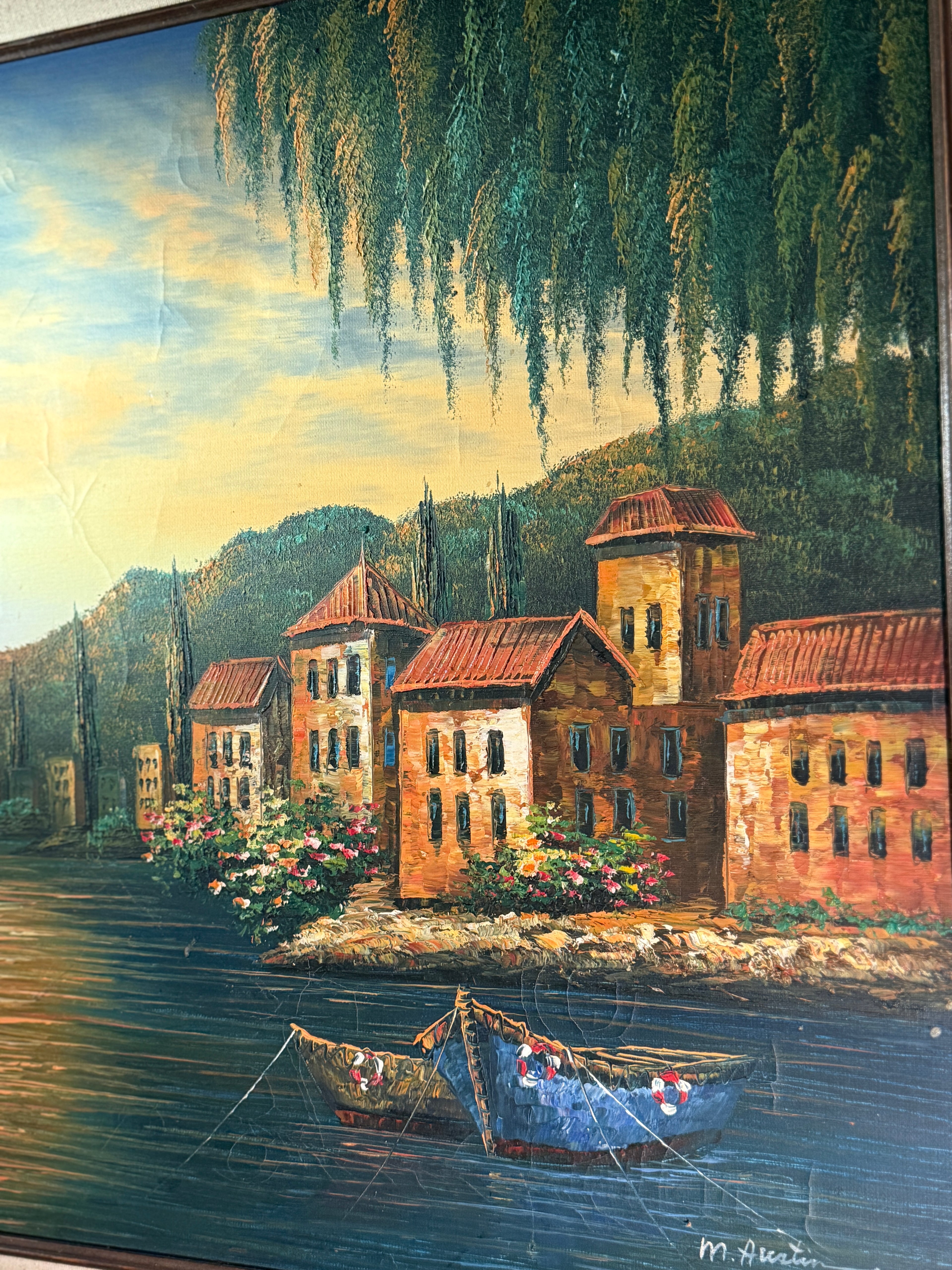 Vintage Mediterranean Harbor Oil Painting Signed M Austin