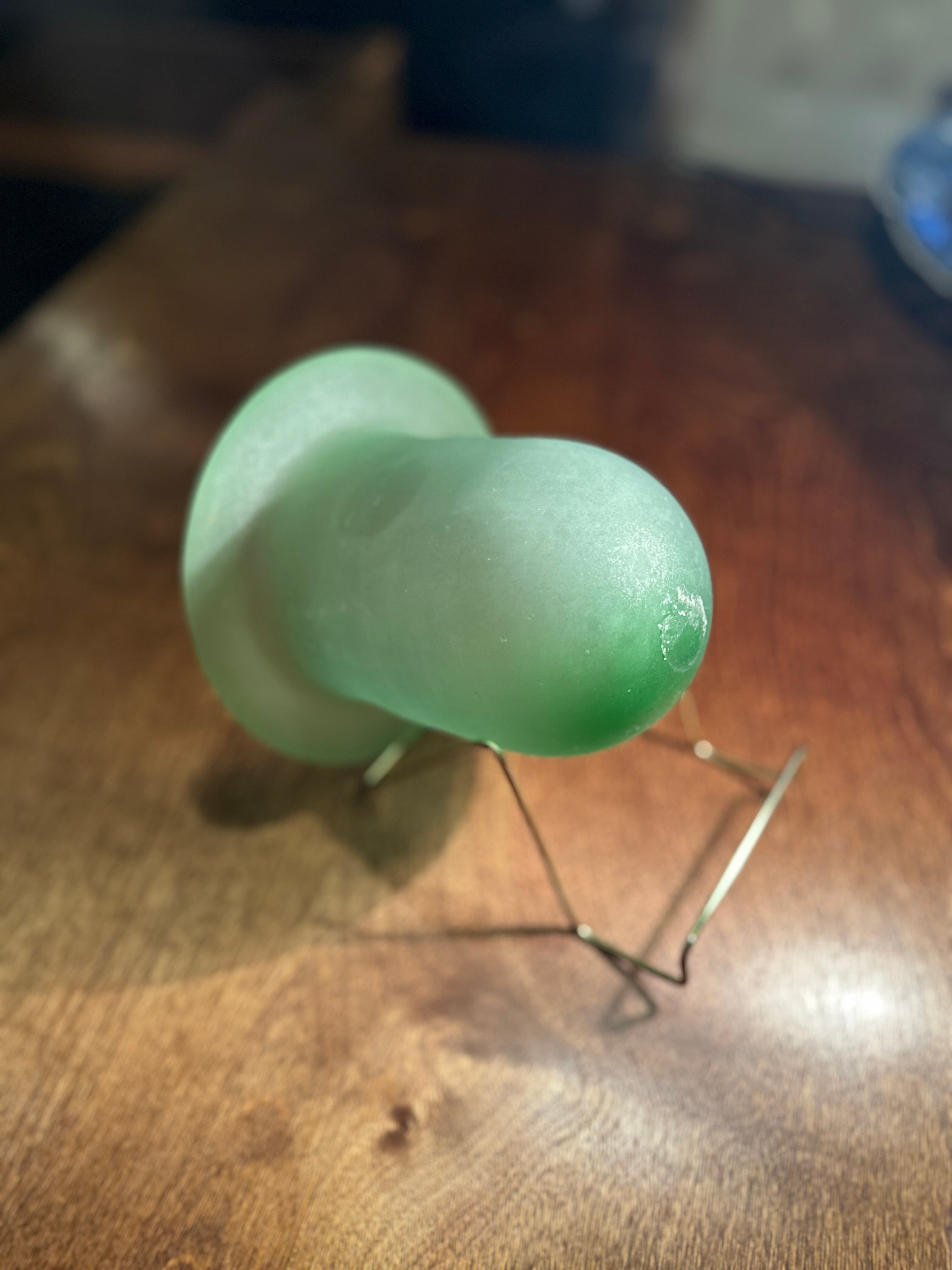 Vintage Frosted Green Art Glass Vase with Brass Stand | Mid-Century Modern Sculptural Vessel