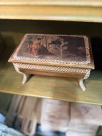 Giltwood Footed Jewellery Casket with Ballet Studio Scene and White Filigree Trim, Red Velvet Interior, Original L Gambor “Twinkle Toes” Label, Japan, After 1952