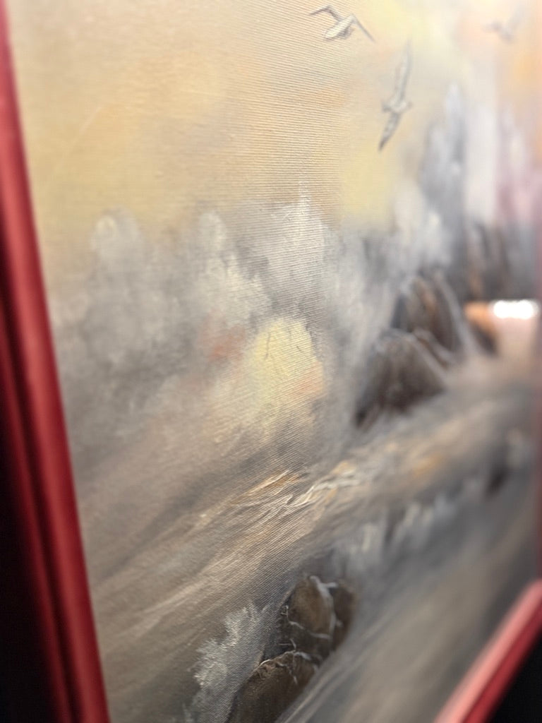 Signed Katrina Coastal Seascape Oil Painting (20th Century) – Misty Shoreline with Seabirds