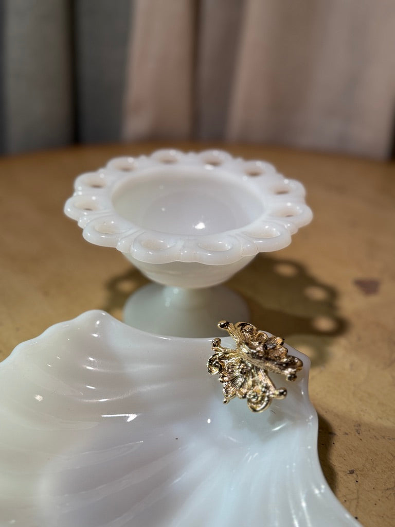 Vintage Milk Glass Pedestal Dish & Shell Tray Set (c. 1940s–1960s)