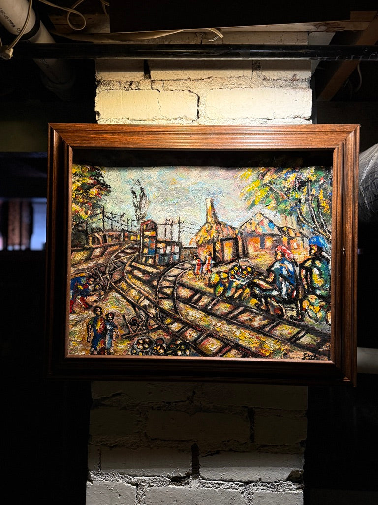 Expressionist Oil Painting of Railroad Village – Signed “Gustave” – Textured Mid-Century Folk Art in Rustic Frame