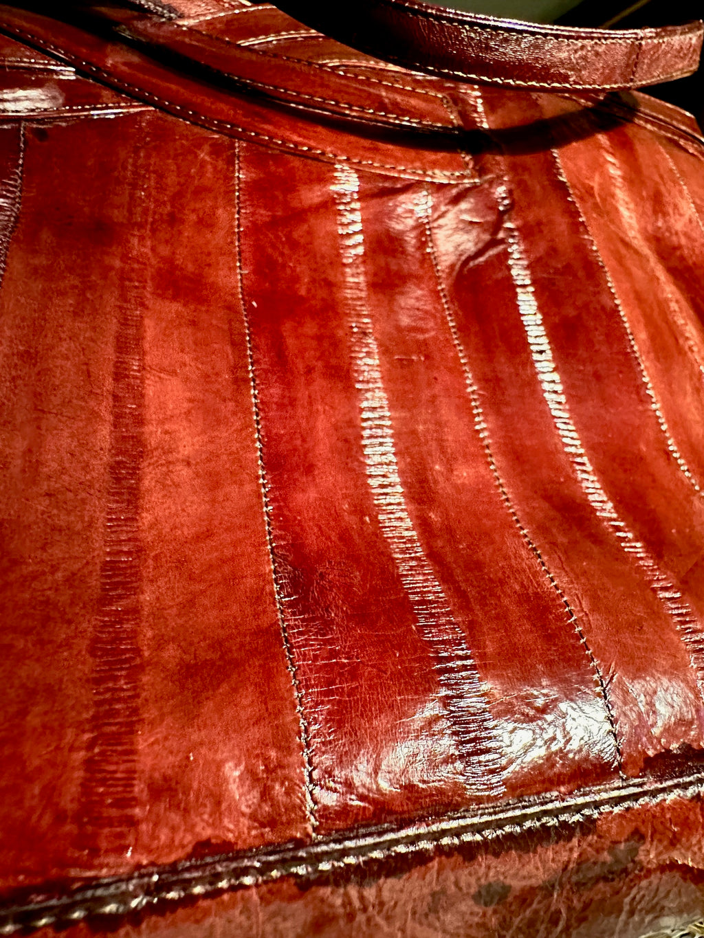 Burgundy Genuine Eel Skin Shoulder Bag, c. 1970s