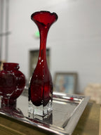 Vintage Ruby Red Art Glass Bud Vase with Clear Pedestal Base, c. 1960s–1980s