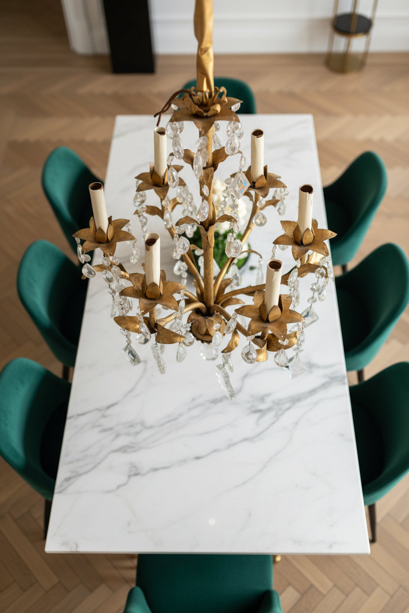 Early-to-Mid 20th Century Gilt Leaf &amp; Crystal Chandelier, Circa 1930s–1950s