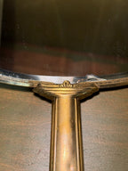 Art Deco Gilt-Metal Hand Mirror, Graduated Green and Cream Enamelled Back with Gold Pinstriping, Stepped Fan Palmette and Reeded Handle, Bevelled Plate, c. 1925–1940