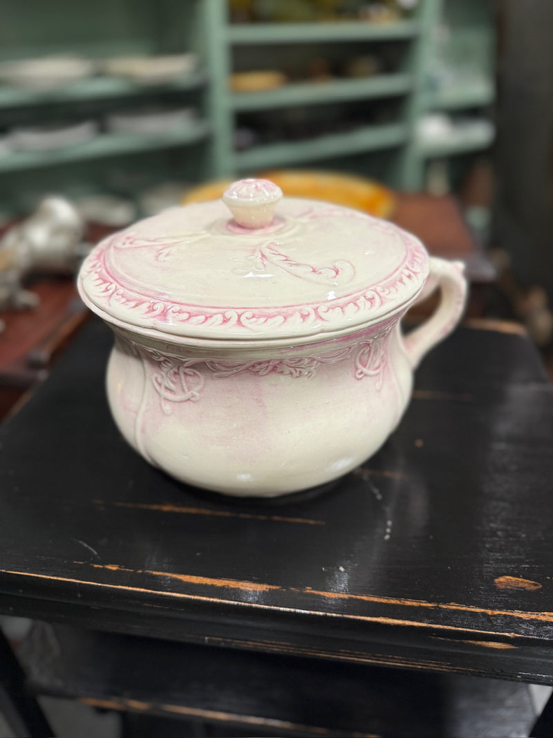 Antique Pink Embossed Ironstone Chamber Pot with Lid, c. 1890–1910