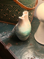Vintage Nemadji Pottery Ceremonial Double-Spout Vase in Green & Ivory, c. 1970s–1980s