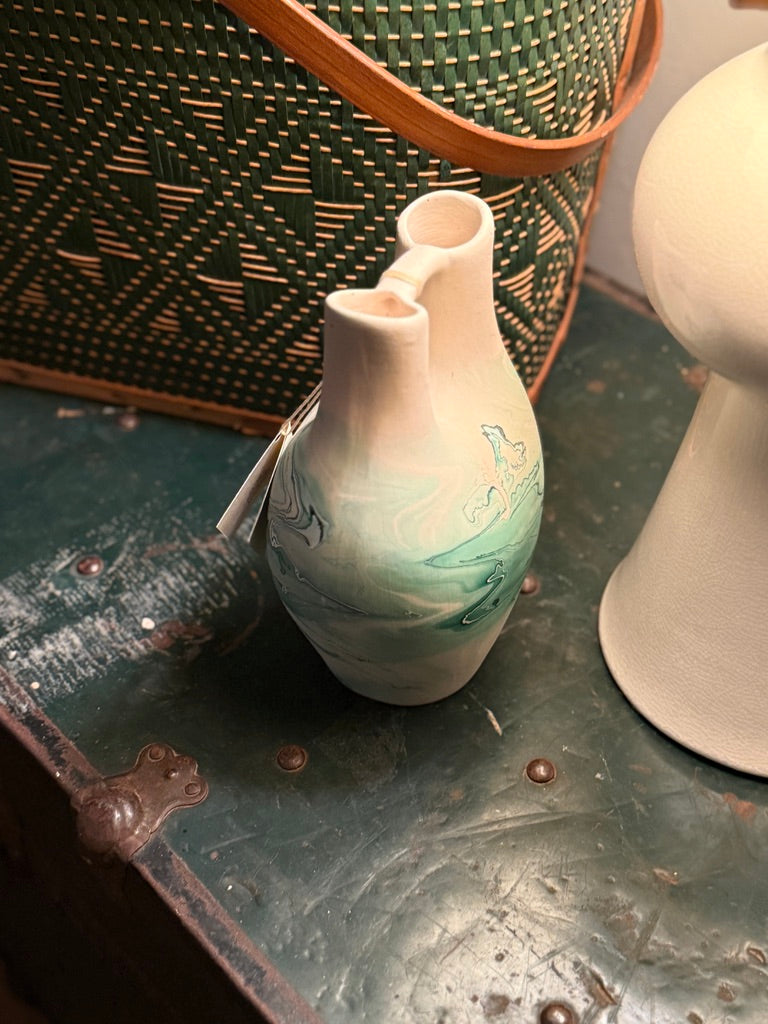 Vintage Nemadji Pottery Ceremonial Double-Spout Vase in Green & Ivory, c. 1970s–1980s