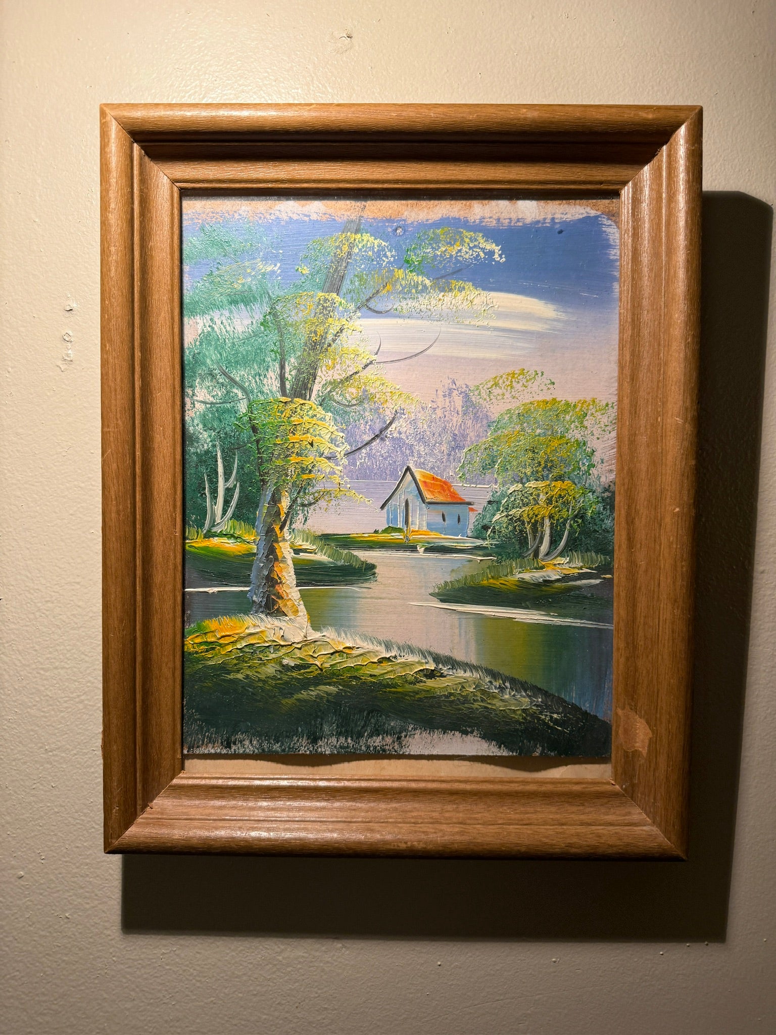 Mid-Century Impasto Landscape Oil Painting Cottage Scene c.1960