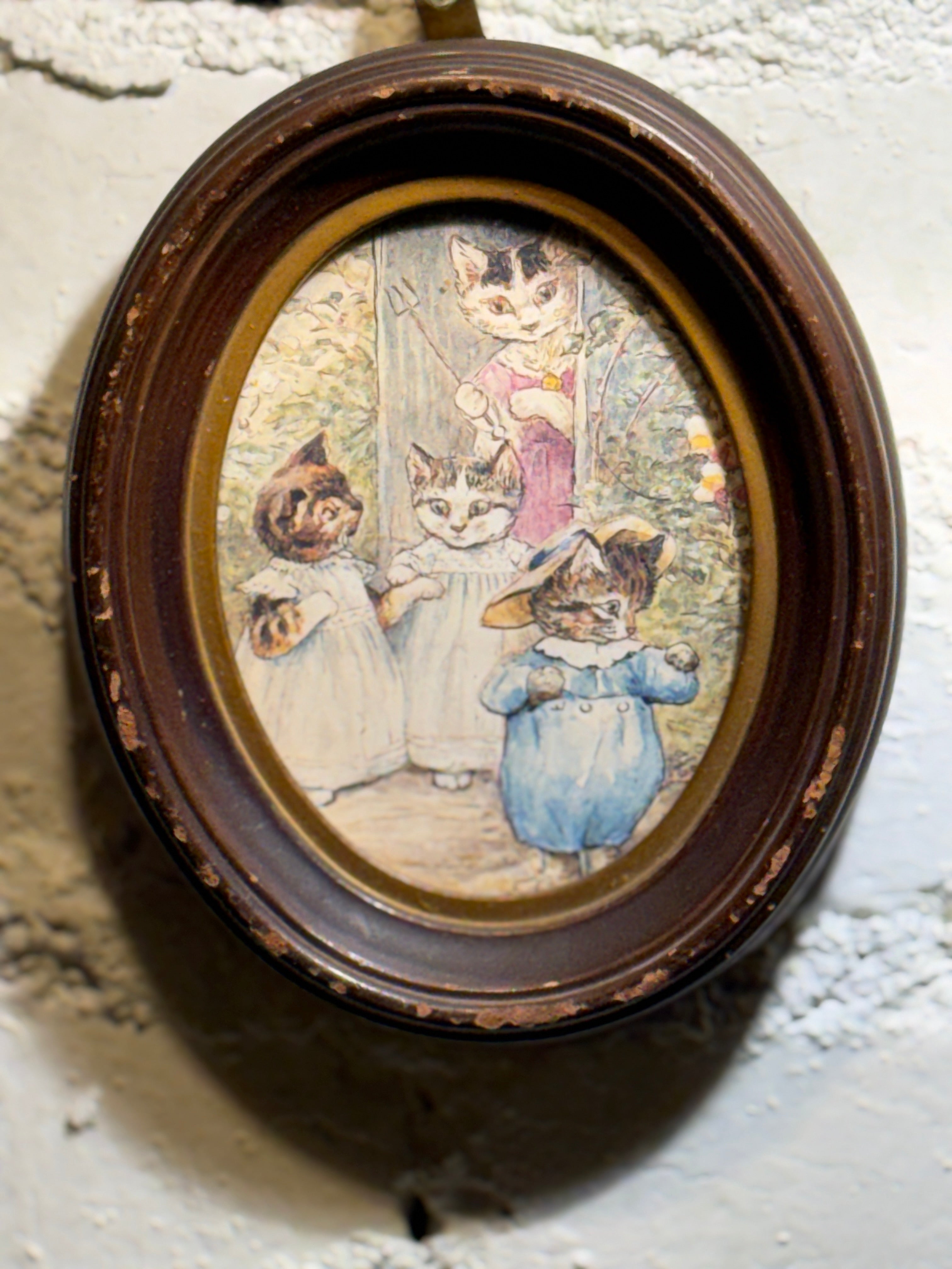 Victorian Anthropomorphic Cat Print in Oval Frame, c.1895–1915