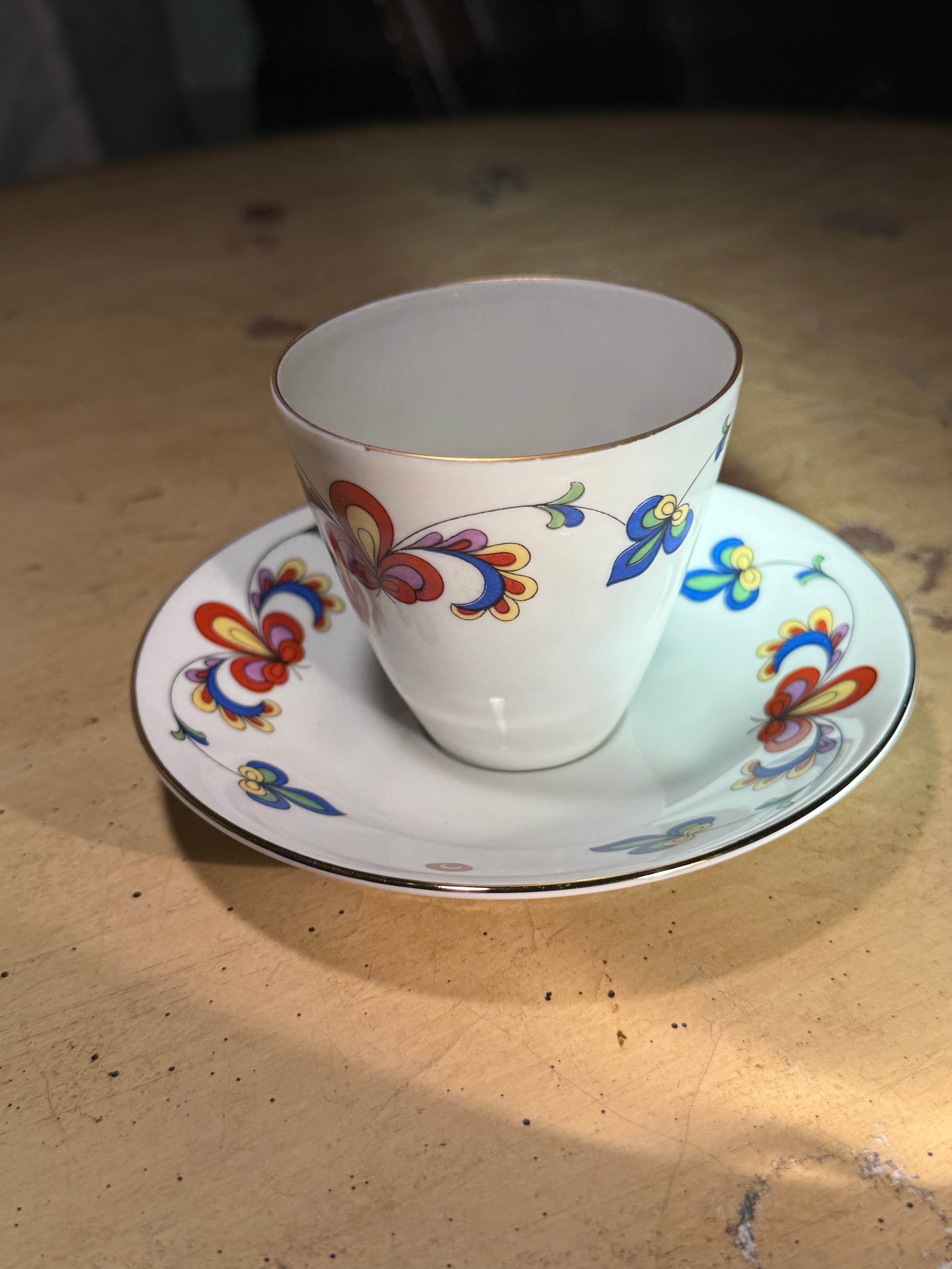 Porsgrund Porcelain Cup & Saucer Norwegian Mid-Century Folk Motif, c.1960s–70s