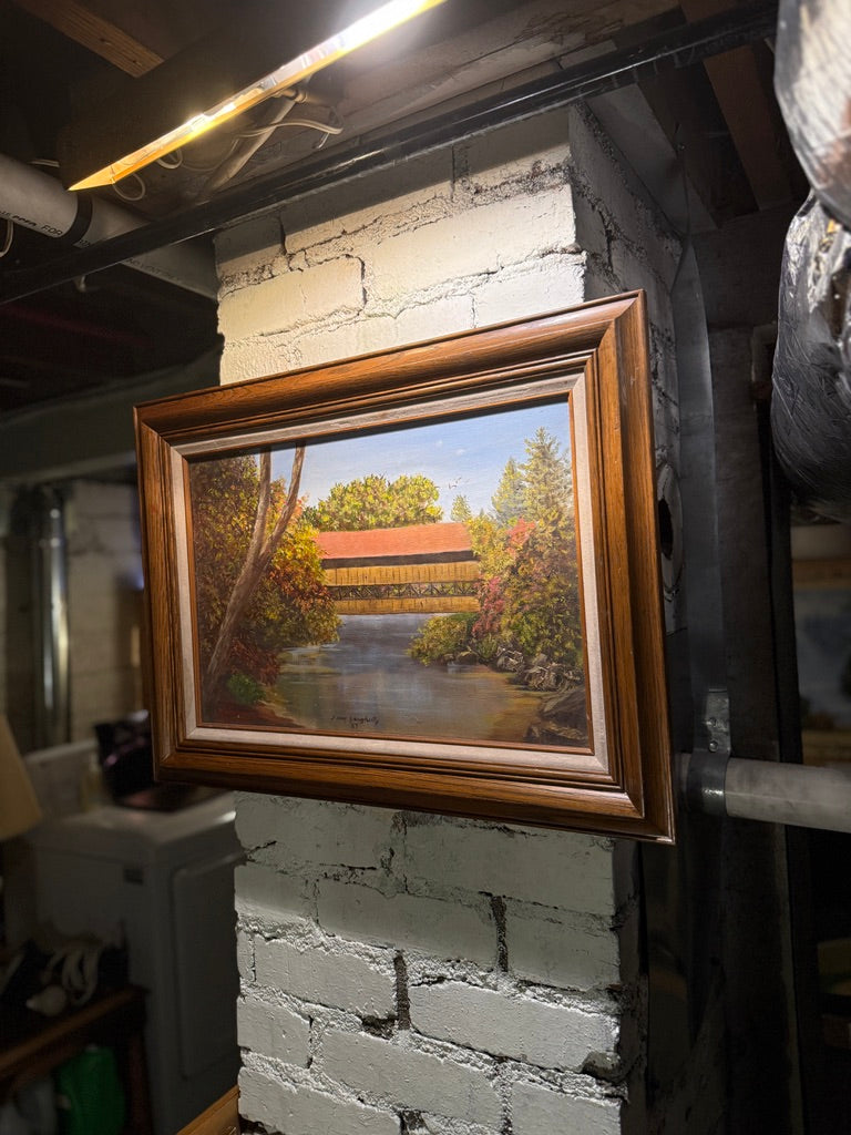 Terry Daugherty Covered Bridge Landscape (1987) | Signed Oil Painting on Canvas