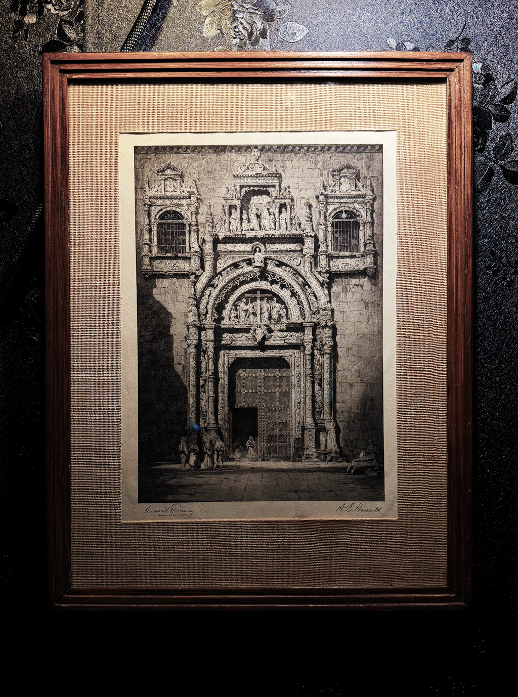 Antique Etching – Ancient Doorway, Santa Cruz, Toledo by A.E. Howarth (1920s–1940s)