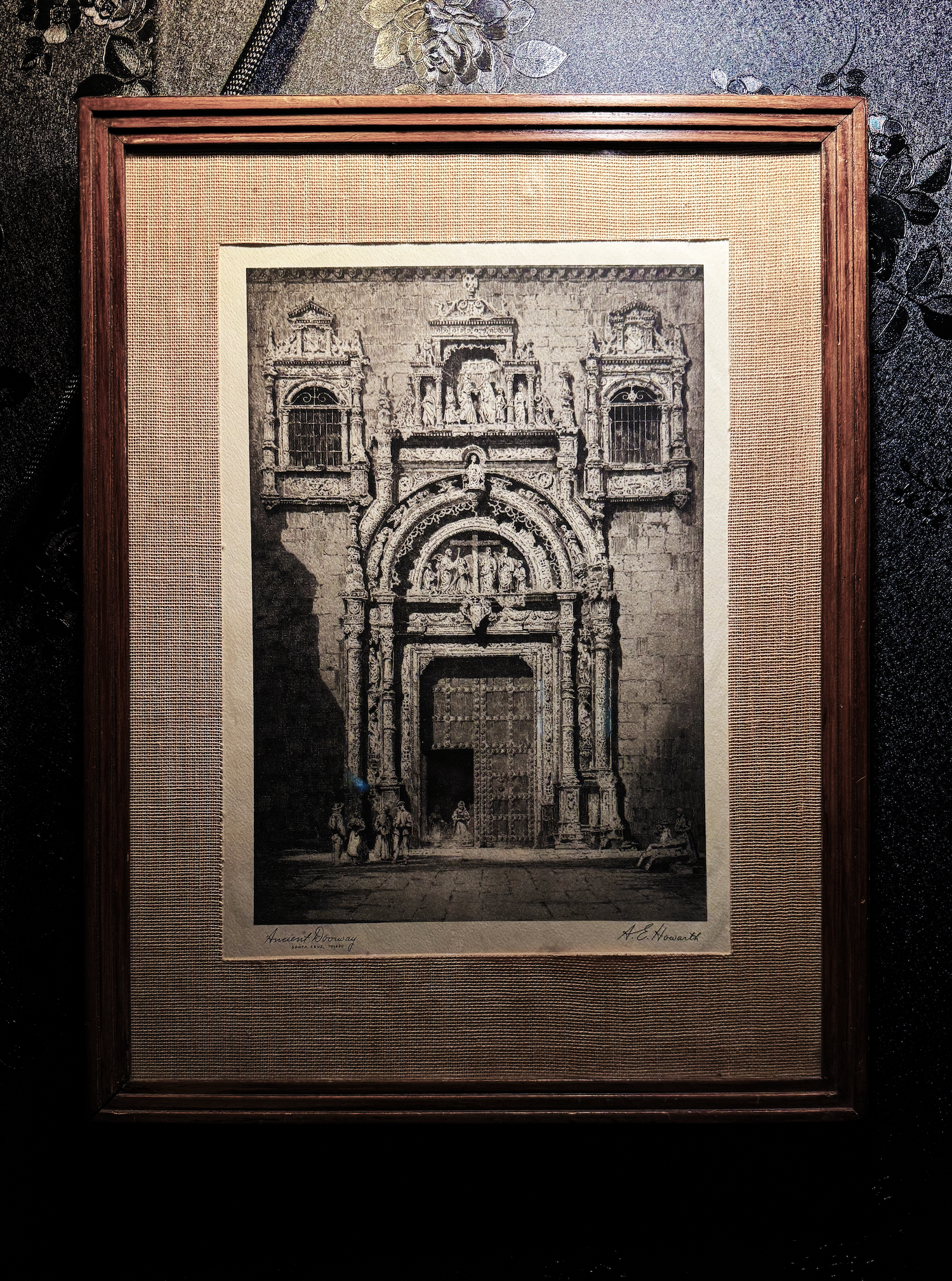Antique Etching – Ancient Doorway, Santa Cruz, Toledo by A.E. Howarth (1920s–1940s)