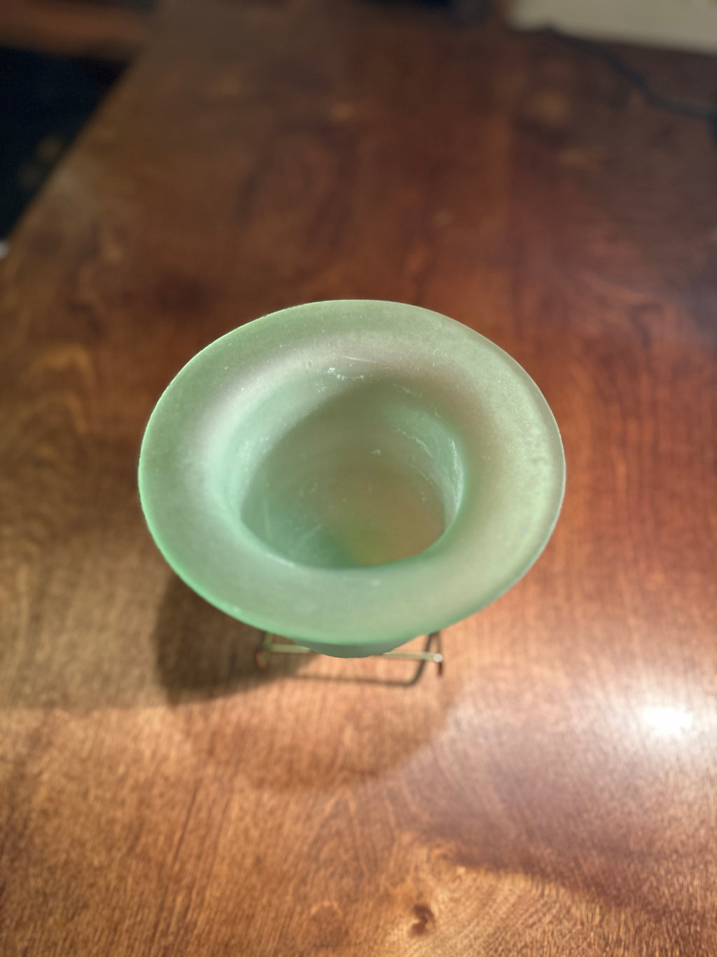 Vintage Frosted Green Art Glass Vase with Brass Stand | Mid-Century Modern Sculptural Vessel