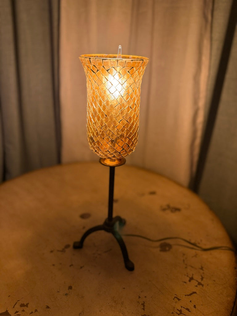 Art Nouveau Amber Mosaic Glass Tulip Lamp on Cast Iron Tripod Base (c.1900–1920)