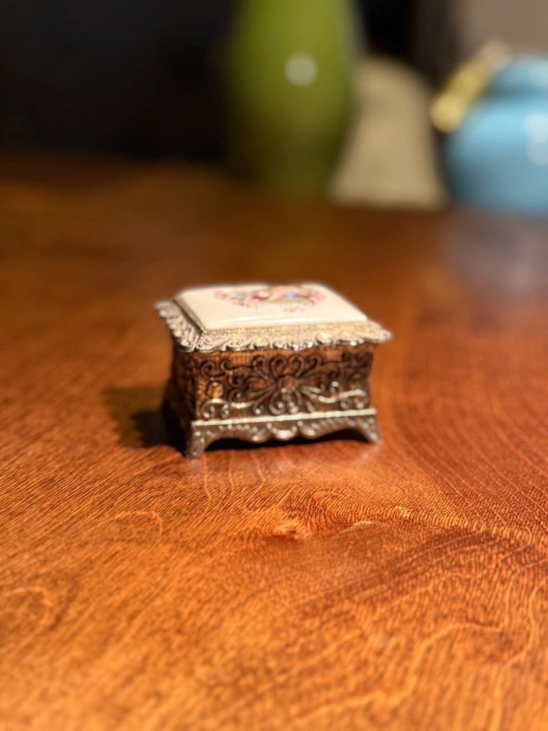 Antique Music Box with Hand-Painted Porcelain Lid and Ornate Metalwork, c. 1890–1915
