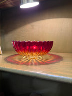Amberina Pressed Glass Bowl, Ruby Shading to Amber, Vertical Ribs with a Bead-and-Scallop Rim and a Rayed Star Foot, American, c. 1955–1980