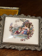 Antique Music Box with Hand-Painted Porcelain Lid and Ornate Metalwork, c. 1890–1915