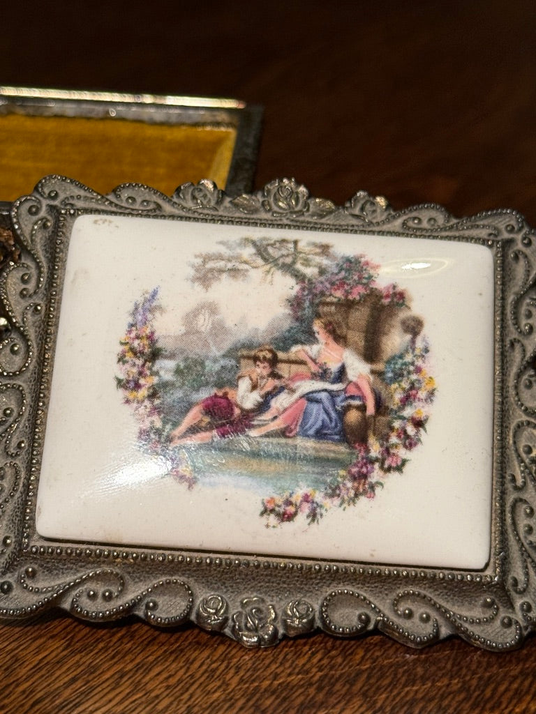 Antique Music Box with Hand-Painted Porcelain Lid and Ornate Metalwork, c. 1890–1915